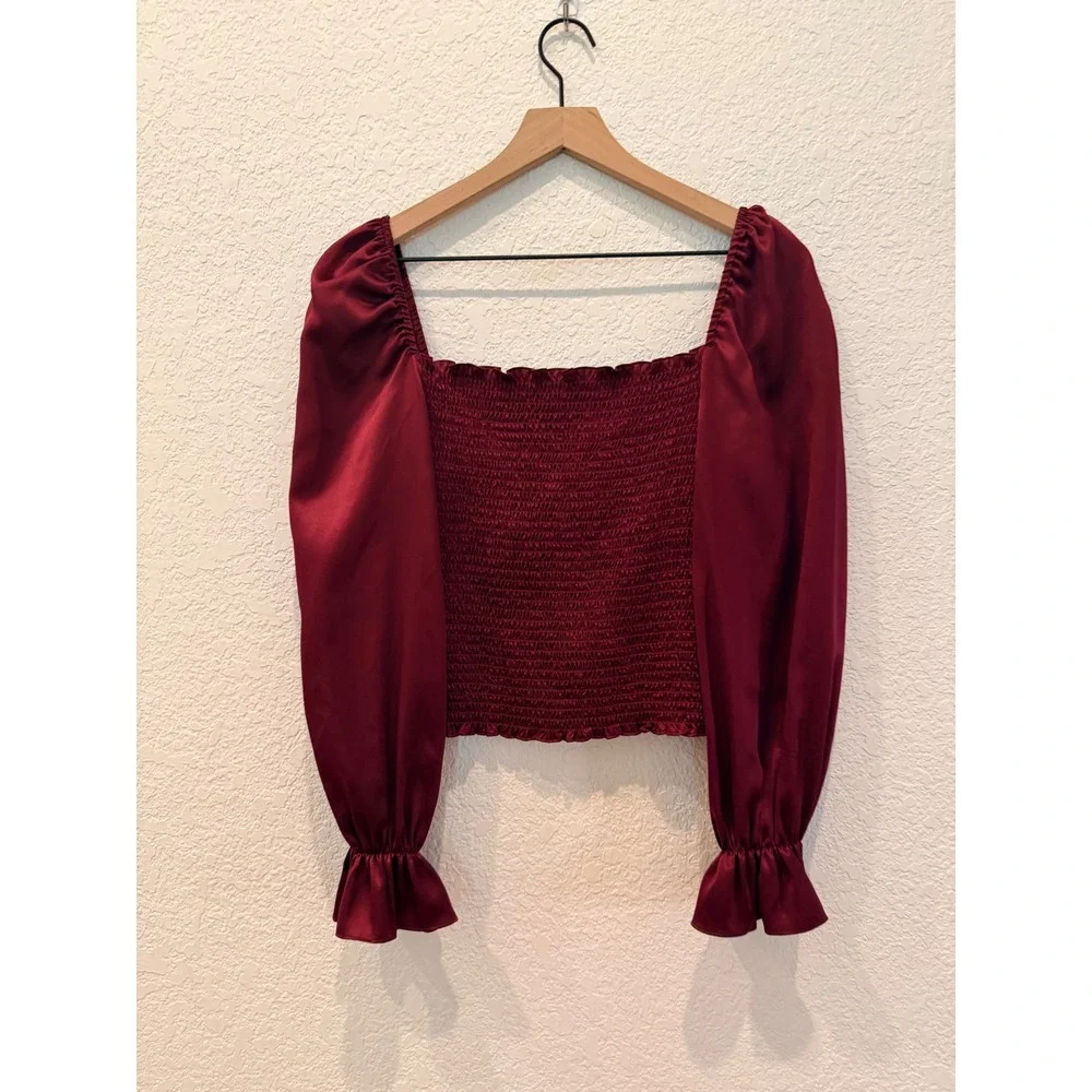 Reformation Burgundy 100% Silk Smocked Long Sleeve Square Neck Chamomile Top  S‎